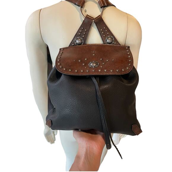 Ralph Lauren Purple Label Studded Two Tone Leather Backpack Black Brown - Picture 13 of 16